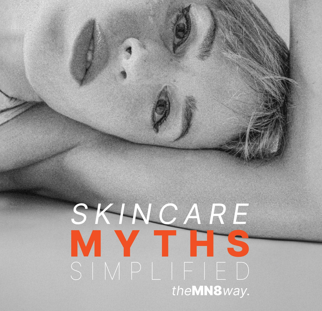 Black and white portrait of woman with text overlay: Skincare Myths Simplified — the MN8 way
